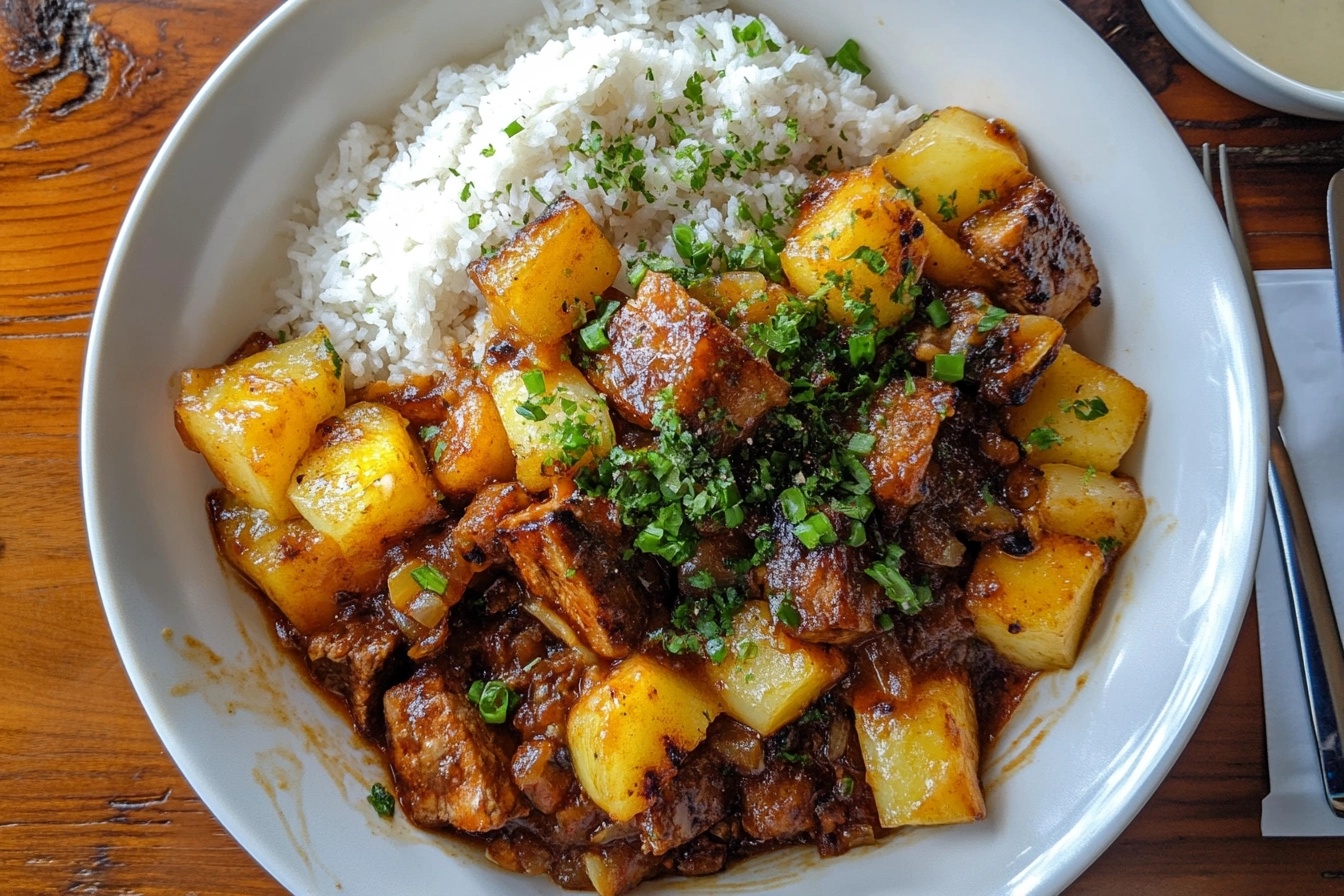 A bowl of Hawaiian stew from Zippy's with beef and veggies.