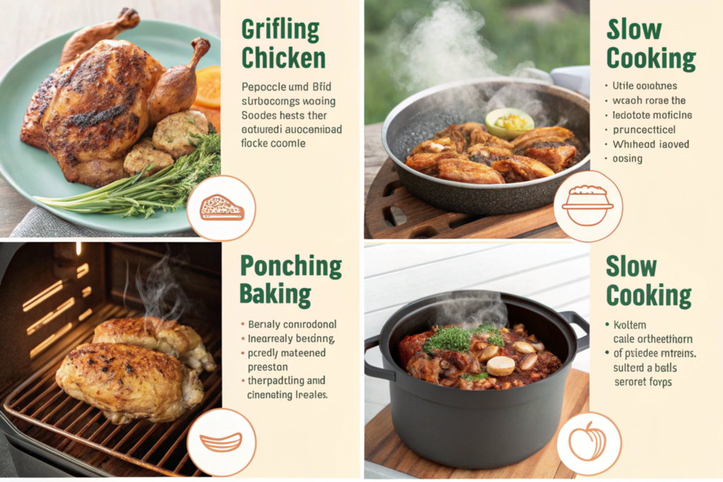 Different ways to cook chicken displayed, including grilled, baked, and fried.