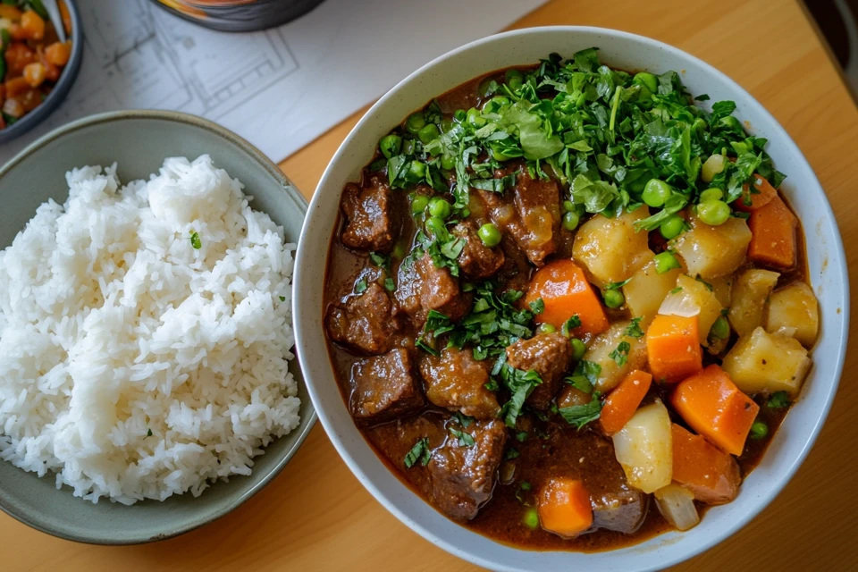 A detailed close-up of homemade *Hawaiian beef stew*, featuring tender beef, colorful vegetables, and rich broth.