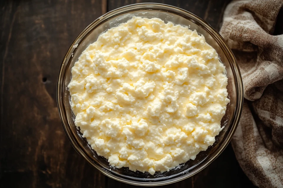 What happens to cottage cheese when you bake it? Baked cottage cheese in a casserole dish.