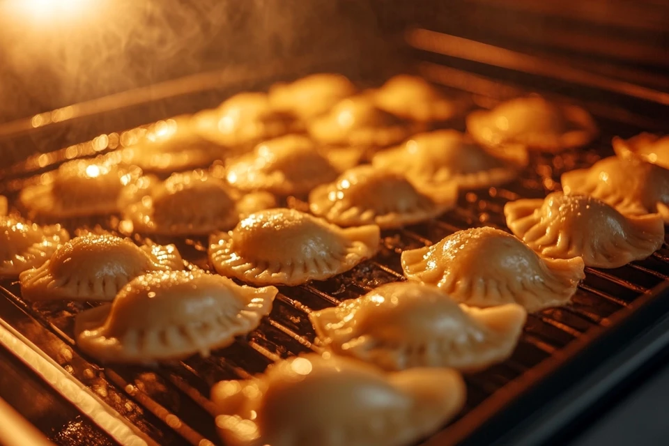 Frozen pierogies baking on a sheet pan in an oven.