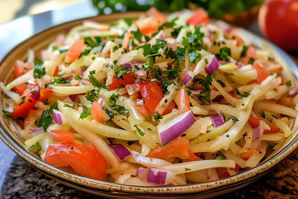 A close-up of cebolla ensalada showing the sliced onions and dressing.