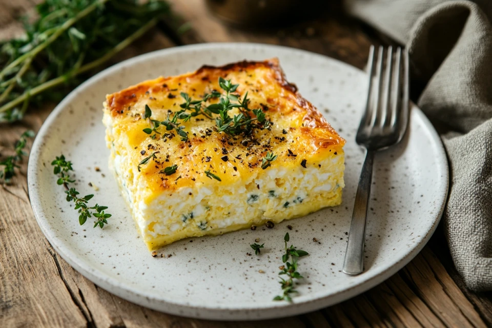 Delicious cottage cheese egg bake on a plate.