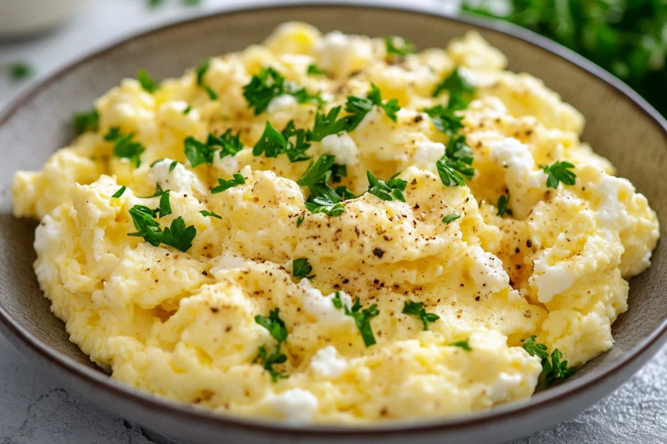 Why put cottage cheese in eggs, a creamy close-up shot.