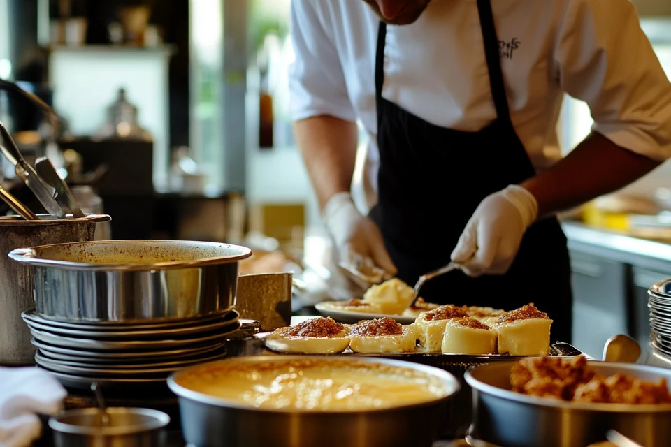 Close-up of a crème brûlée with a cracked caramelized sugar top next to a smooth bowl of vanilla custard.