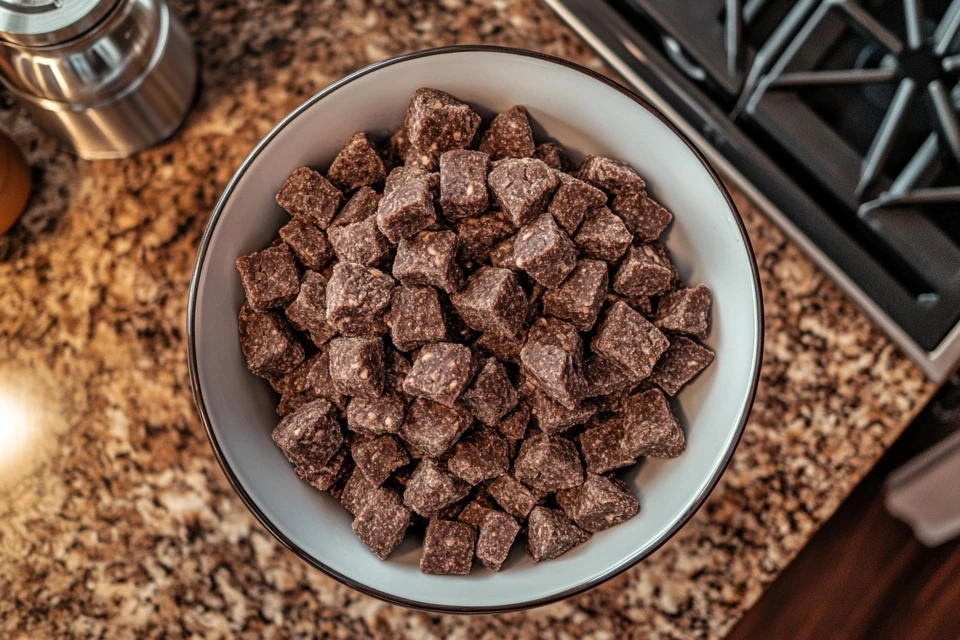 Bowl of homemade puppy chow on a kitchen counter.