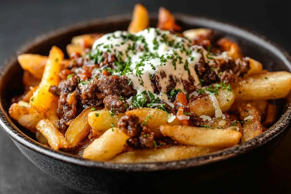 A close-up view of crispy, golden papa fritas in a bowl.