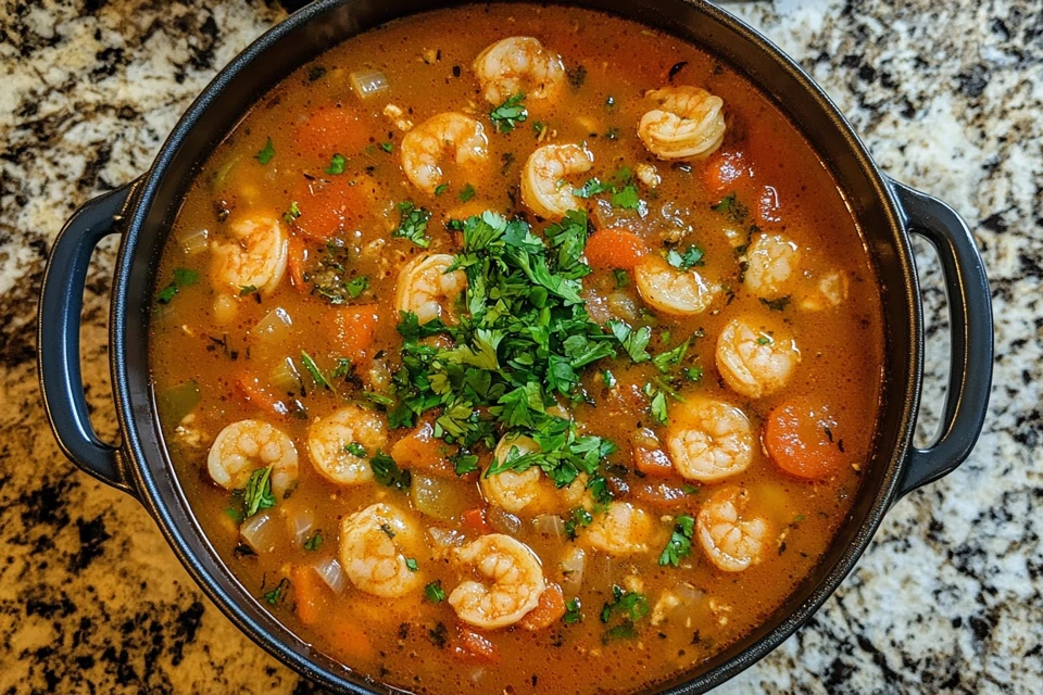 A close-up, top-down view of a hearty and vibrant swamp soup recipe in a bowl.