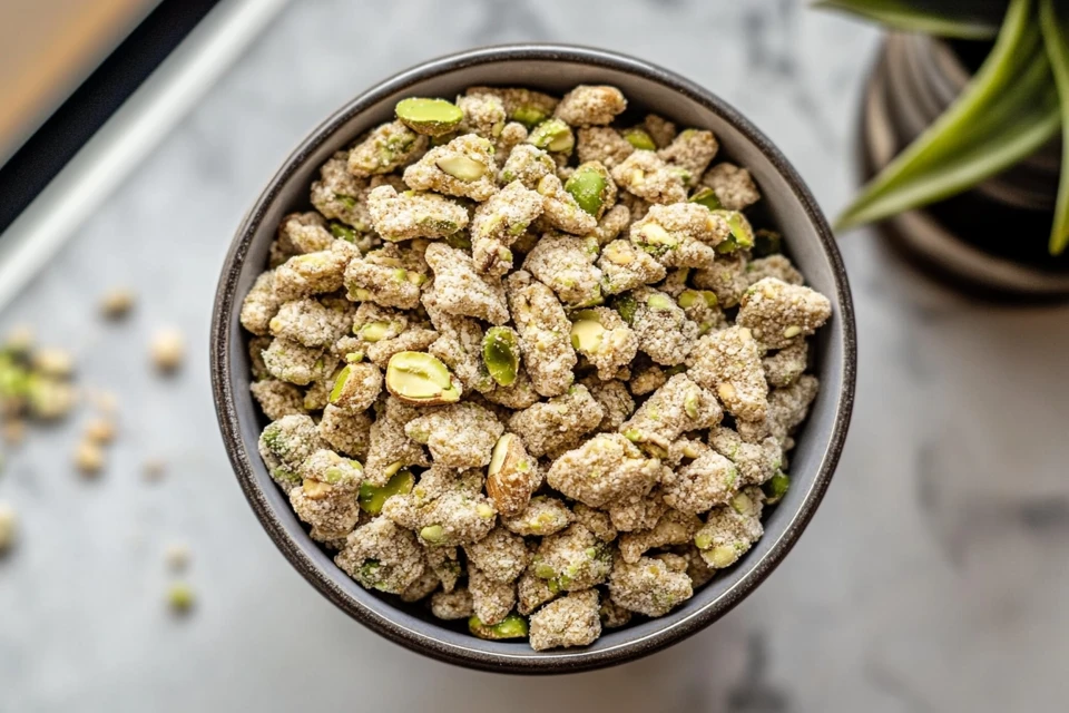 Pistachio puppy chow in a bowl, ready to eat.