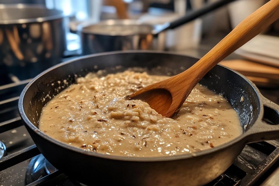 A close-up of creamy sawmill gravy poured over biscuits.