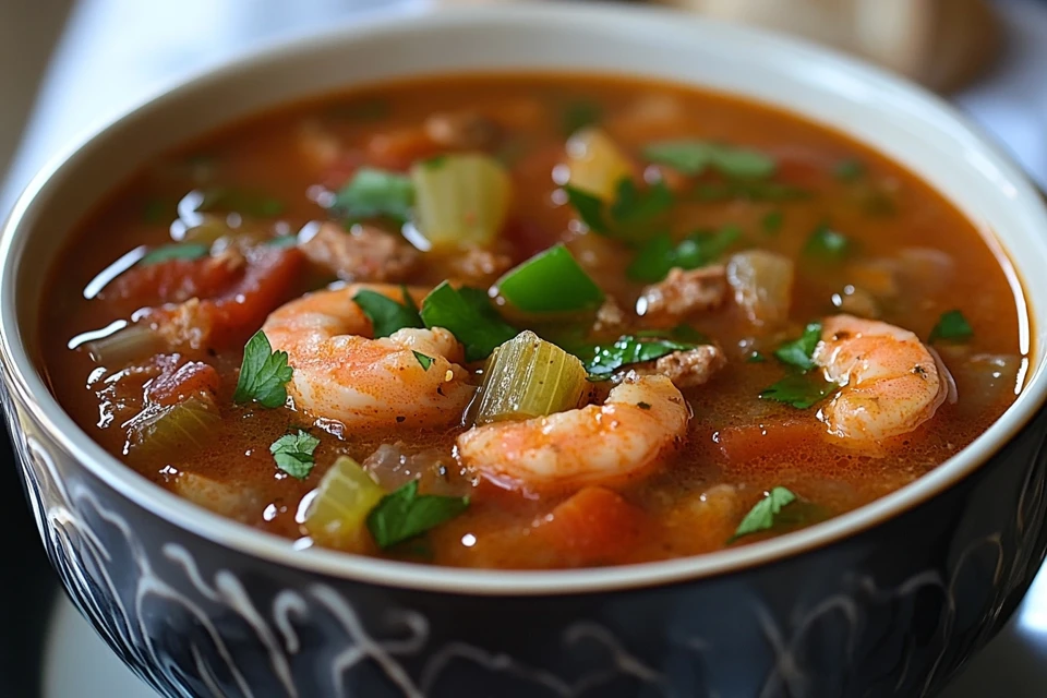 A close-up, overhead shot of a delicious homemade soup showing the secret ingredient in soup, ready to be served.