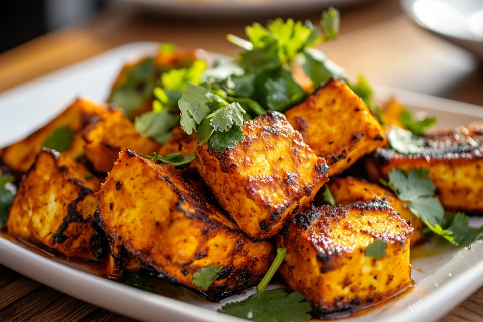 Tandoori Pumpkin Paneer served on a plate.