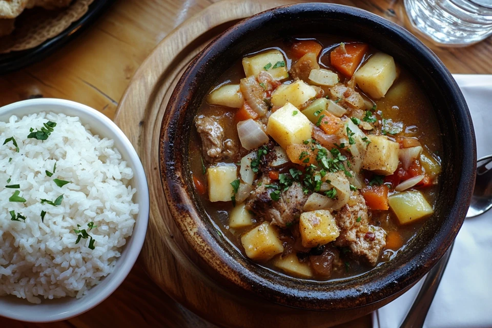 Close-up of a bowl of tender beef stew with carrots and potatoes.