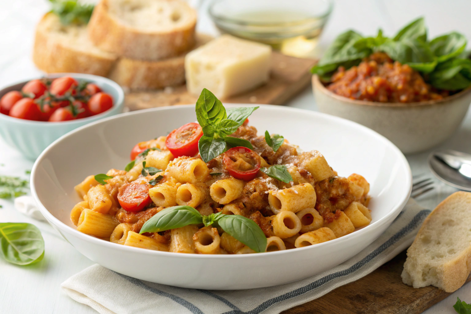 Ditalini pasta with tomato sauce garnished with Parmesan and fresh basil