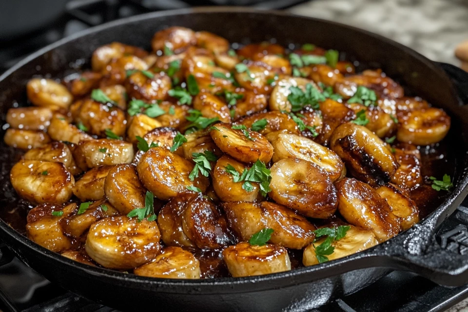 Close-up of a delicious Bananas Foster dessert with flames, highlighting its traditional method of preparation.