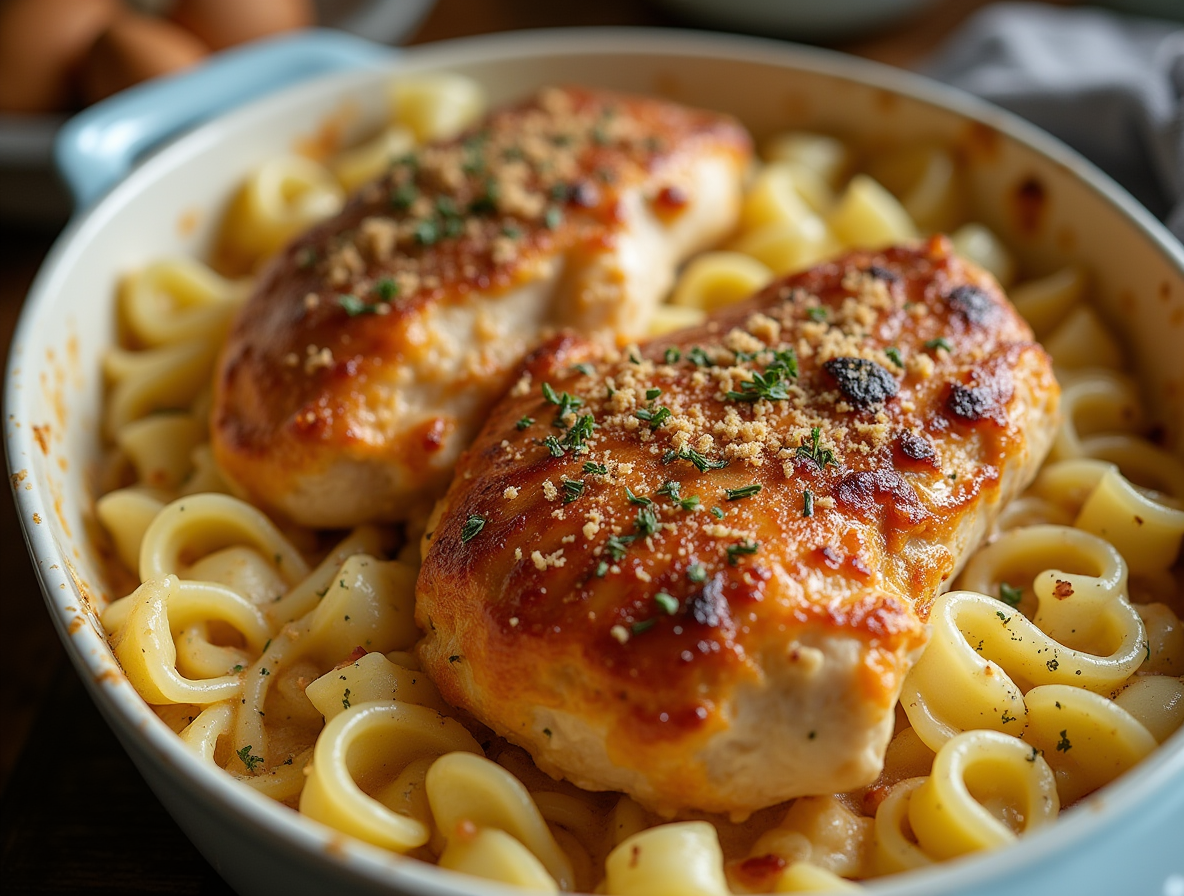 Baked forgotten chicken with rice in a casserole dish