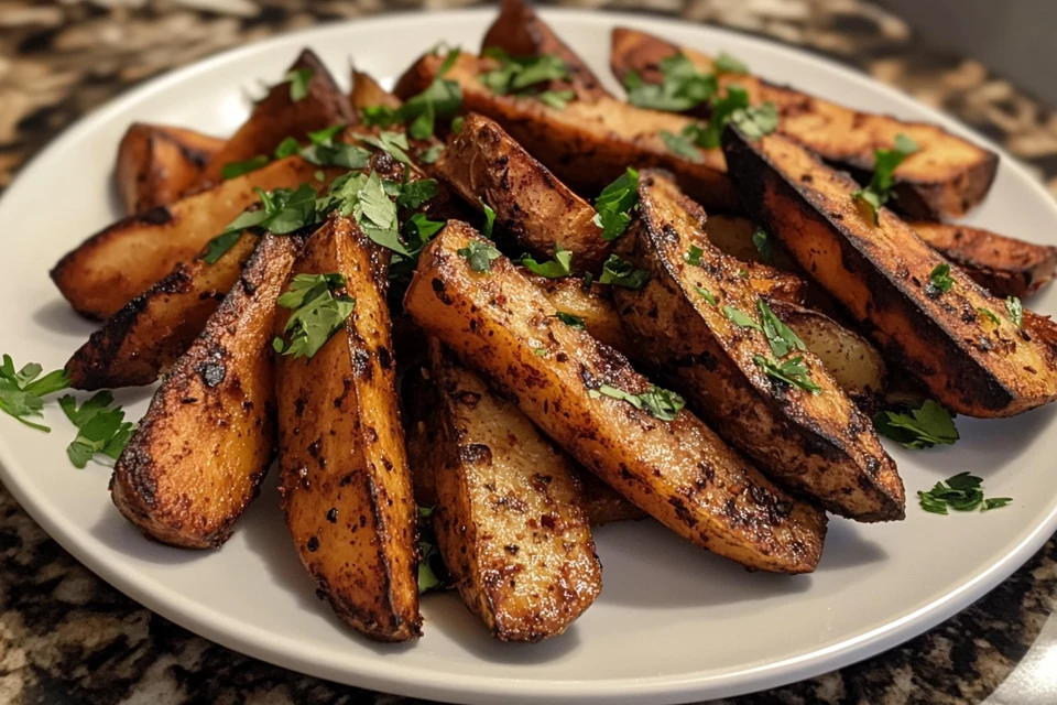 Close-up of golden, crispy papas fritas on a plate.