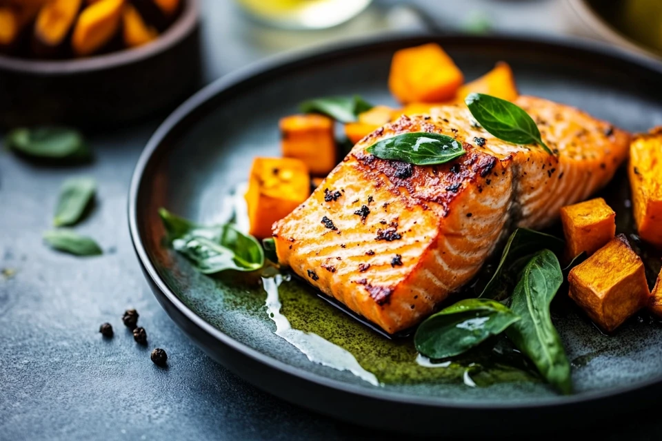 Delicious grilled salmon and sweet potato meal.