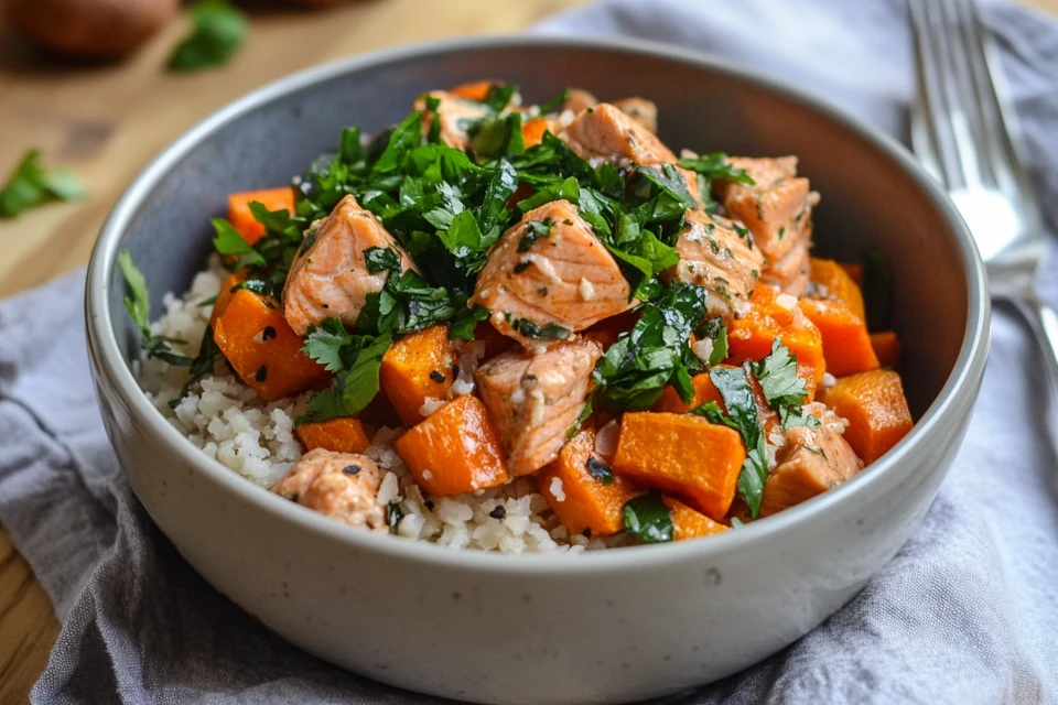 A delicious meal of salmon and sweet potato on a plate.