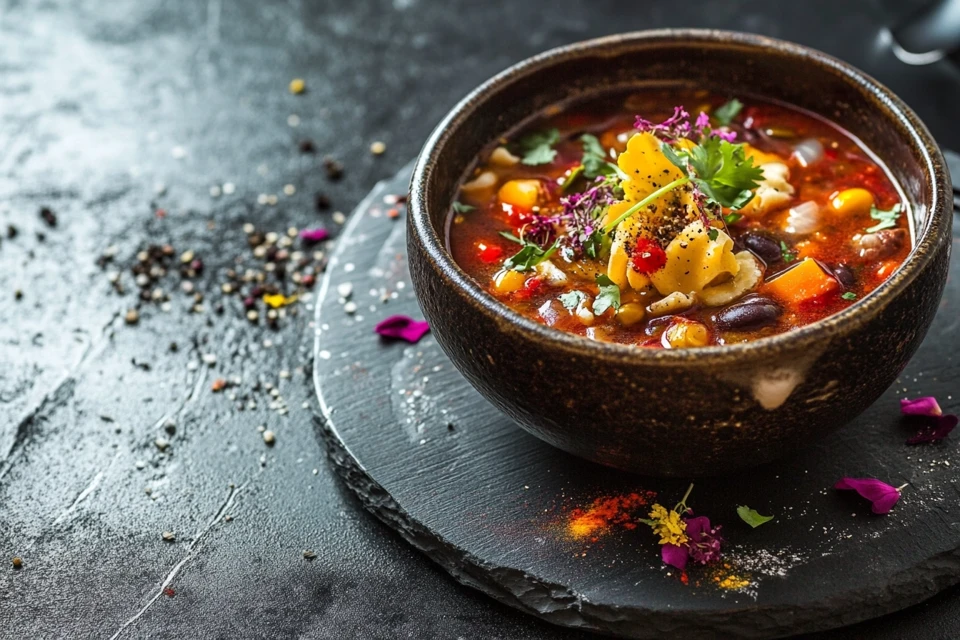 Bowl of flavorful taco soup with toppings.