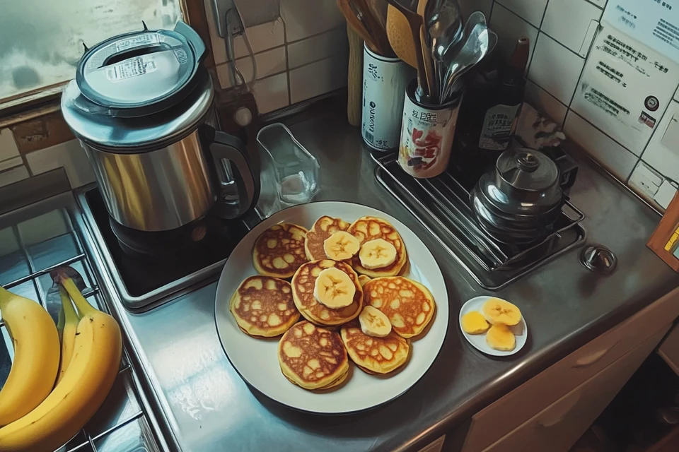 A stack of fluffy banana pancakes with berries.