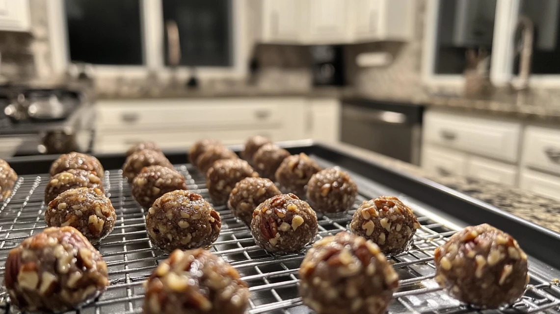 Delicious pecan pie balls on a baking sheet.