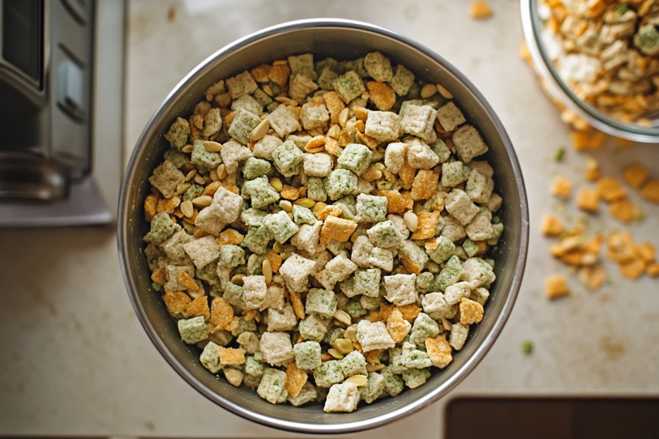 Puppy chow or muddy buddies in a bowl.