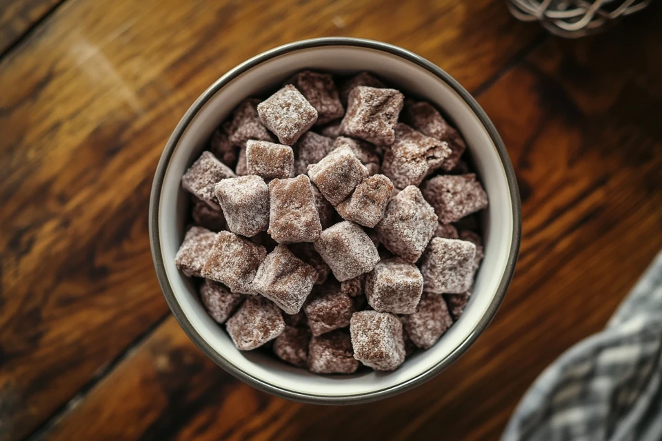 A close-up of homemade puppy chow showing the coated cereal and powdered sugar.