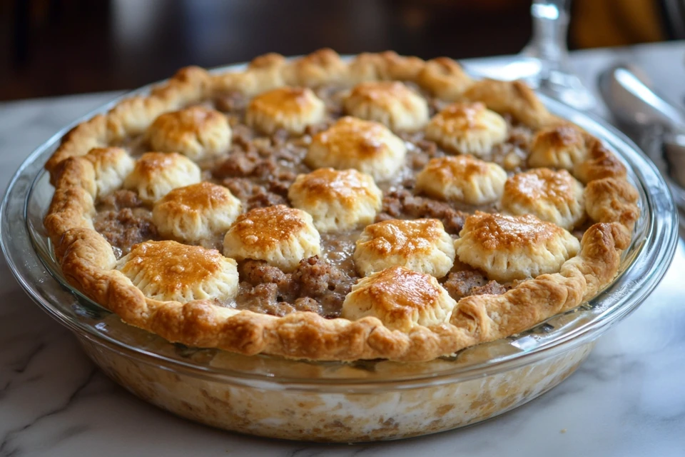 Delicious sausage gravy and biscuit pie on a plate.