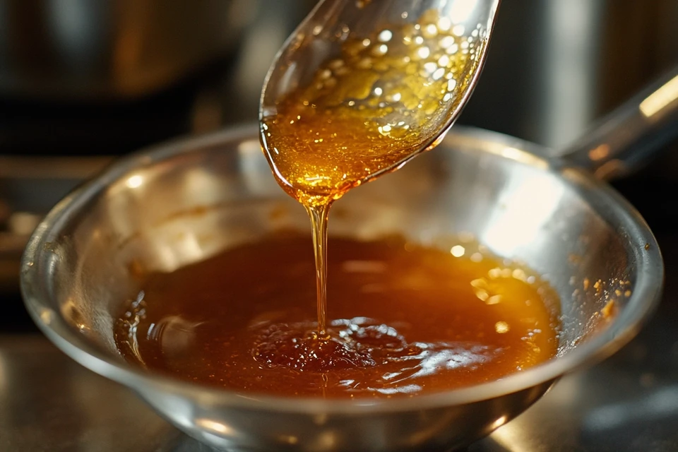 Close-up of caramelized sugar on top of crème brûlée, showing the crackly texture.