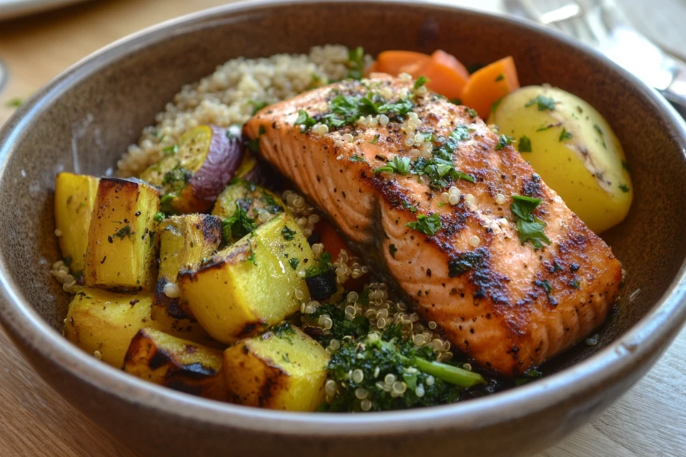 Healthy Salmon Meal with Vegetables and Quinoa.