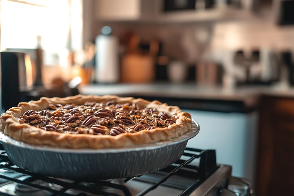 Close-up of a pecan pie, showing if it puffs up after baking.