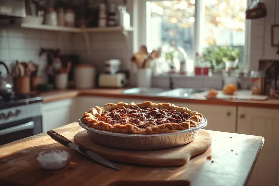 Golden brown pecan pie, ready to take out of the oven, with a slightly jiggly center.