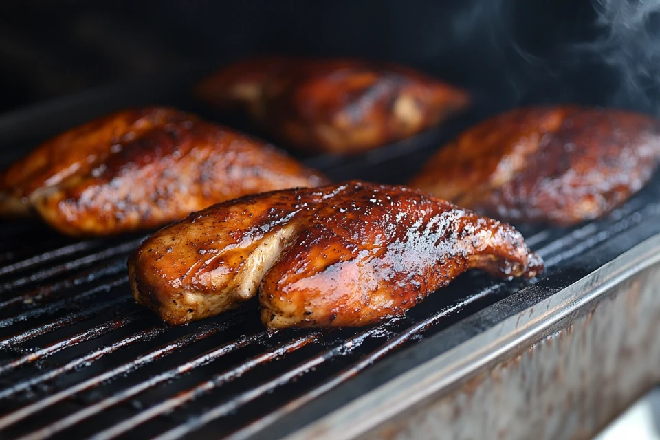 Moist smoked chicken breast on a plate.