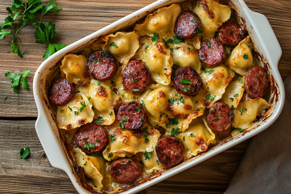 A delicious pierogi casserole with kielbasa in a baking dish.