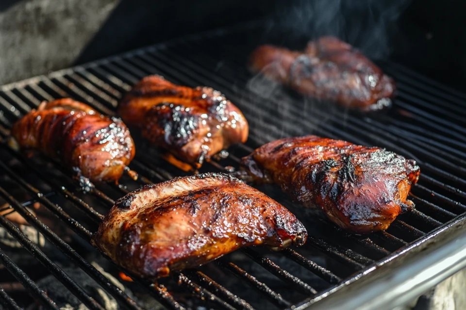 Smoked chicken breasts on a grill, showing tender results of smoking chicken breasts at 225 degrees.