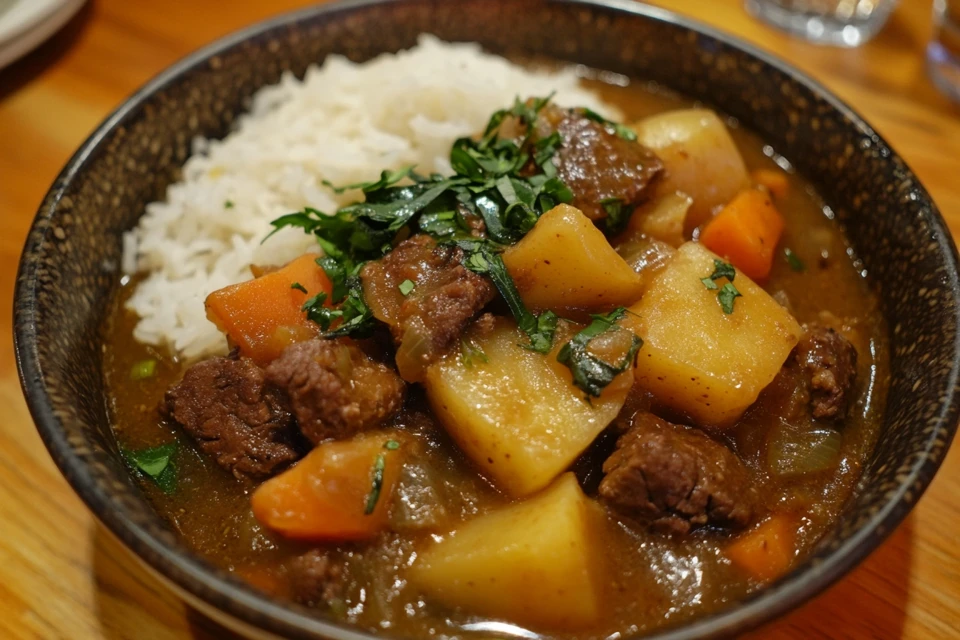 Close-up of luau stew with visible taro leaves.