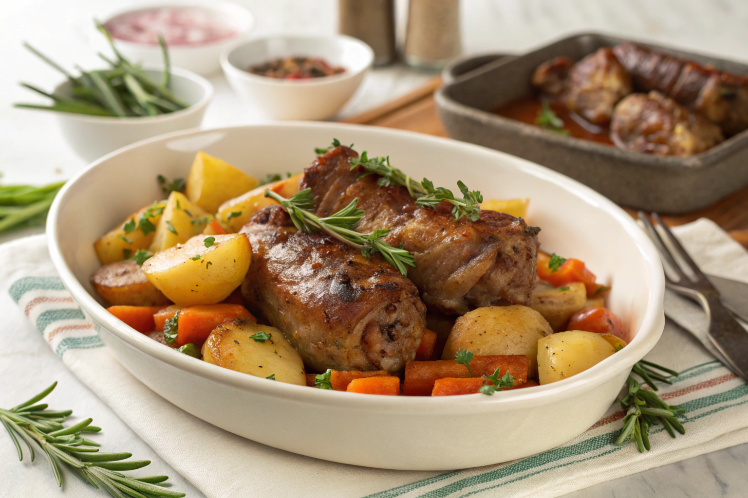 Turkey neck in a pot with carrots, celery, and herbs simmering to make a broth