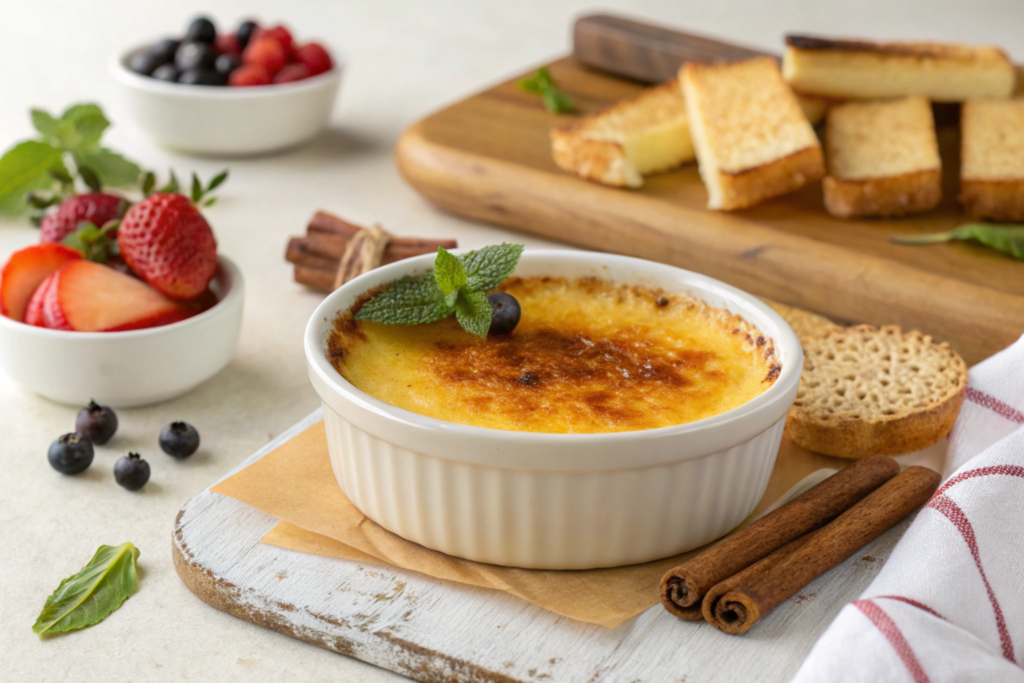 Caramelized sugar topping on crème brûlée in a white ramekin