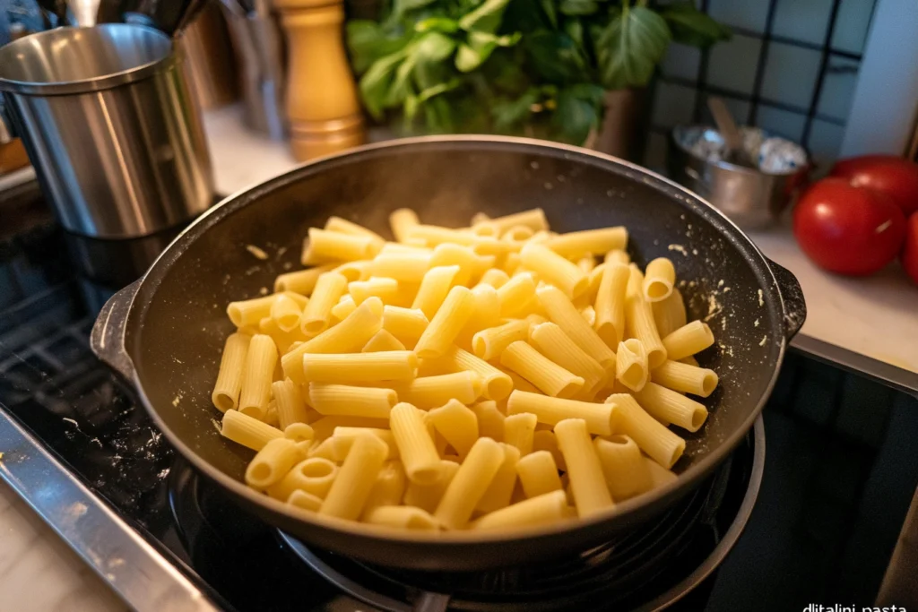 Why use ditalini pasta? A top-down view of cooked ditalini pasta in a white bowl