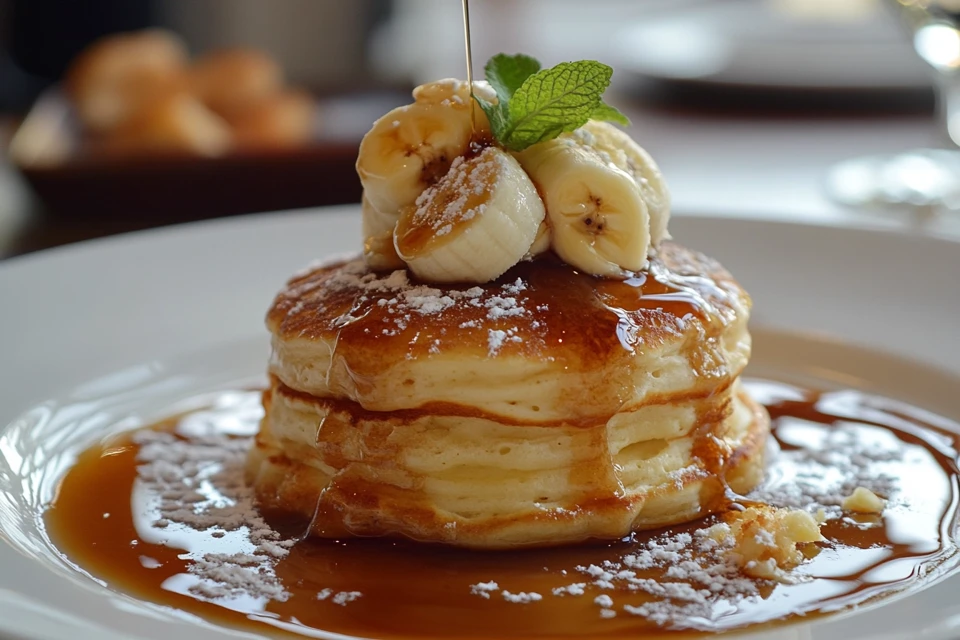 Bananas foster pancakes stacked with caramelized bananas and syrup.