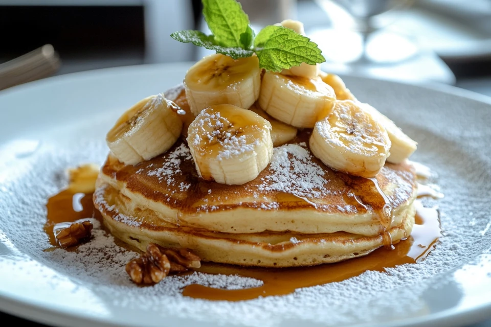 Bananas foster pancakes stacked with caramelized bananas and syrup.