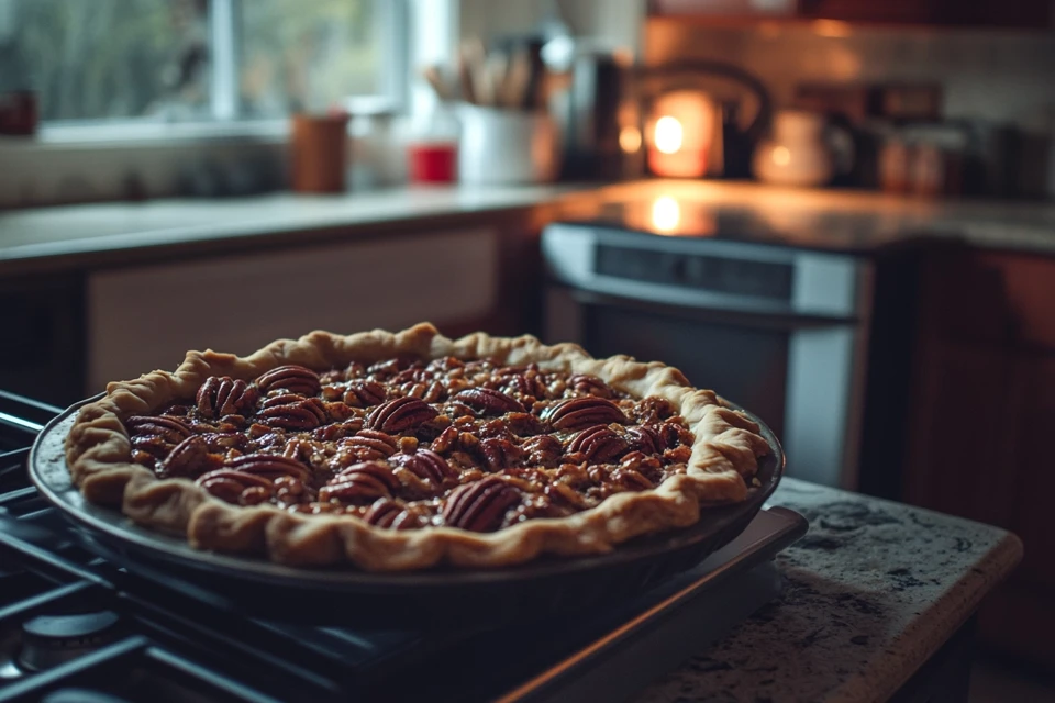 Close-up of a freshly baked pecan pie on a wooden table, showcasing its golden crust and rich filling.