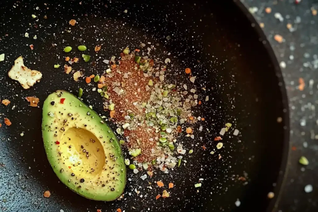 Close-up of an avocado half sprinkled with various seasonings.