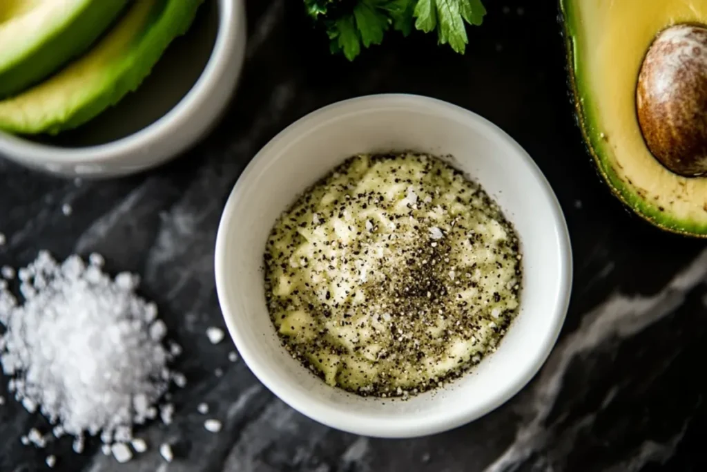 Close-up of an avocado half sprinkled with salt and pepper.